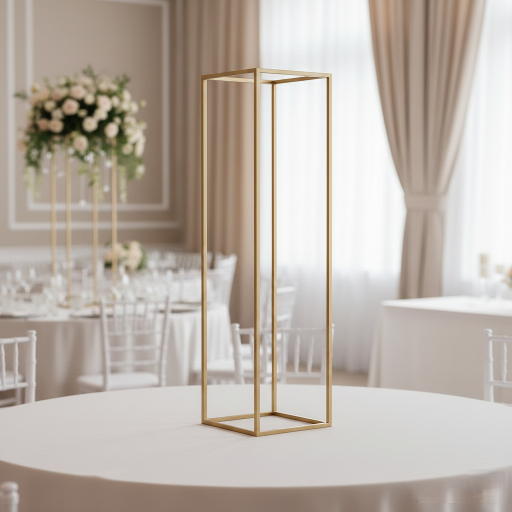Suport metalic minimalist pentru aranjament floral PIM MOOD, finisaj auriu mat, structură geometrică zveltă pentru decor central de masă la nunți și evenimente premium.